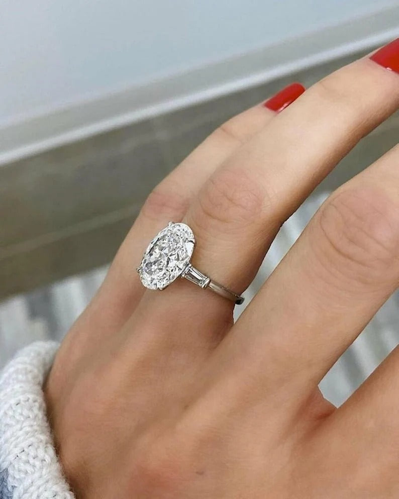 3.70  Ct Oval Moissanite Diamond ring, Oval Three Stone Ring, Tapper Baguette Said Diamond Ring, Engagement Ring, Anniversary Gift For Her