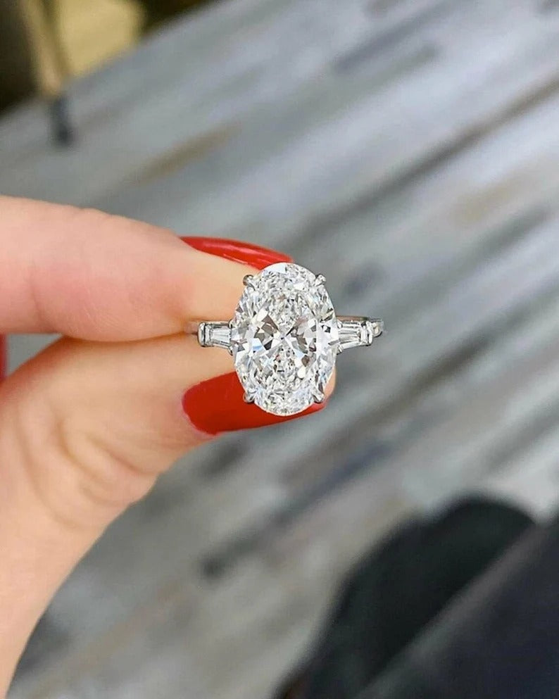 3.70  Ct Oval Moissanite Diamond ring, Oval Three Stone Ring, Tapper Baguette Said Diamond Ring, Engagement Ring, Anniversary Gift For Her