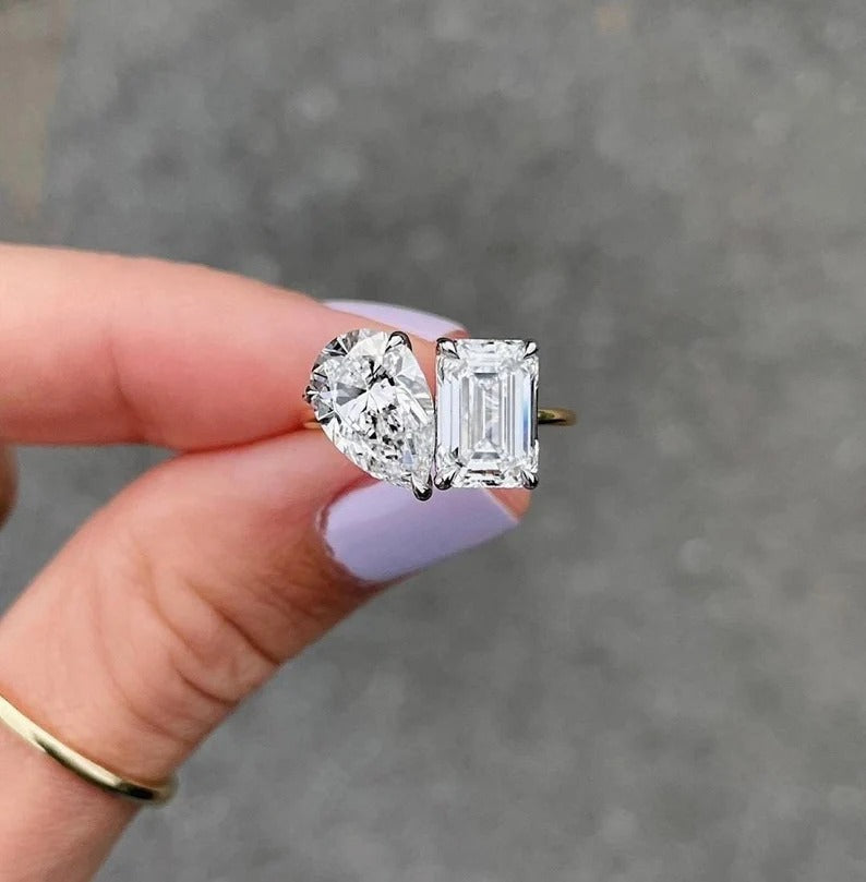 3.50 Ct Pear And Emerald Moissanite Diamond Ring, Two Stone Toi Et Moi Ring, Double Stone Ring, Anniversary Gift For Her