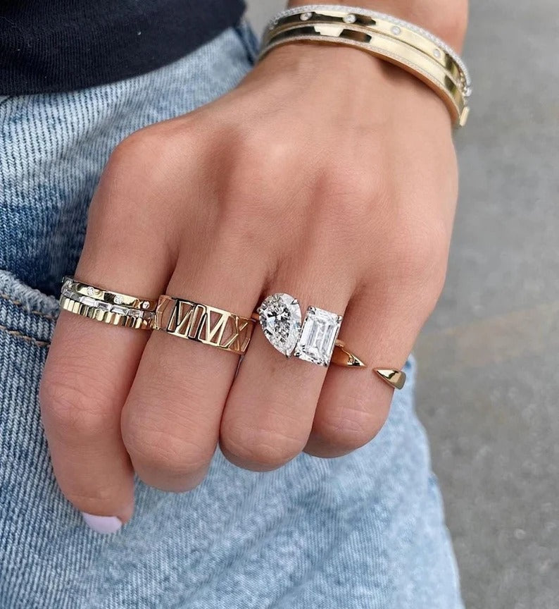 3.50 Ct Pear And Emerald Moissanite Diamond Ring, Two Stone Toi Et Moi Ring, Double Stone Ring, Anniversary Gift For Her