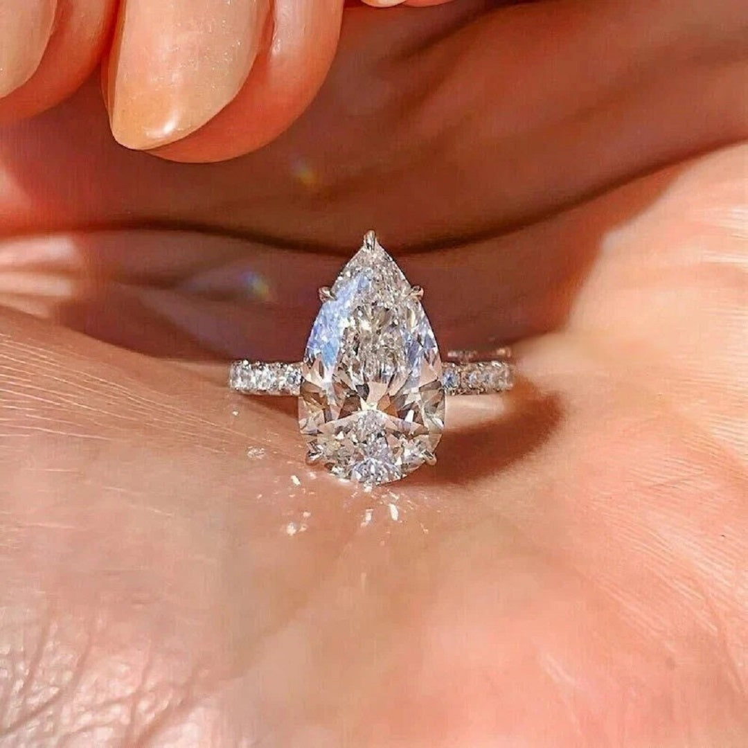 3 Ct Pear Moissanite Diamond Ring, Hidden Halo And Pave Setting Pear Ring, Anniversary  Gift For Her