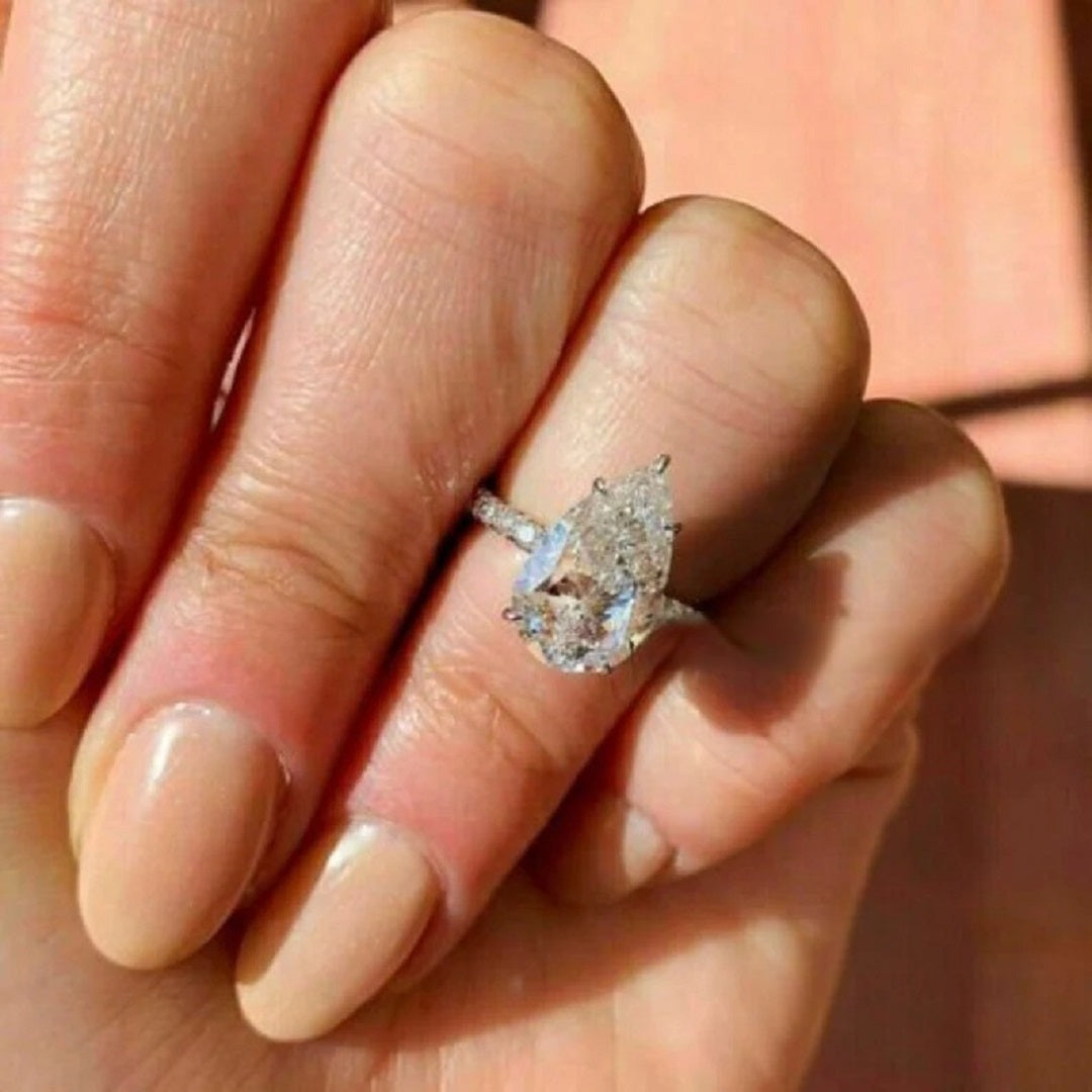 3 Ct Pear Moissanite Diamond Ring, Hidden Halo And Pave Setting Pear Ring, Anniversary  Gift For Her