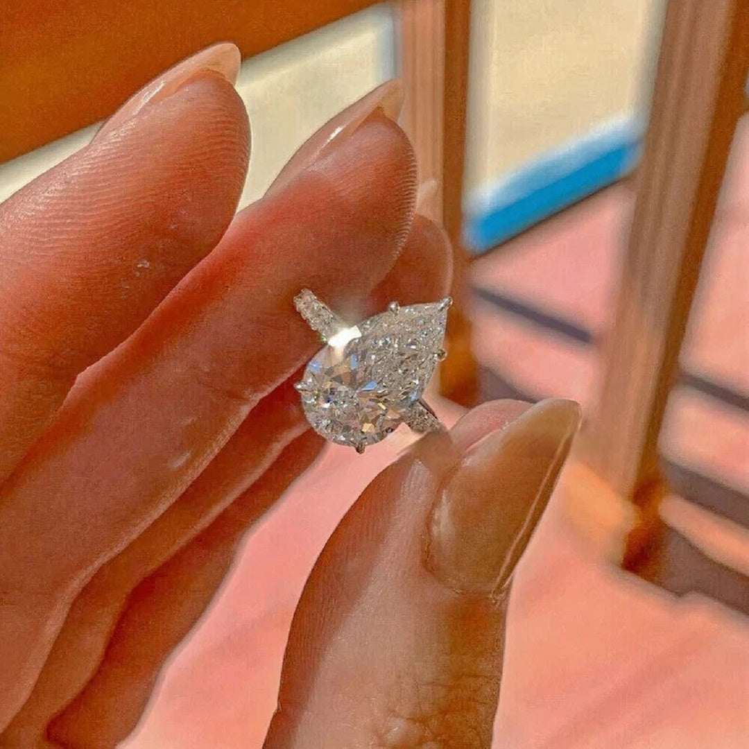 3 Ct Pear Moissanite Diamond Ring, Hidden Halo And Pave Setting Pear Ring, Anniversary  Gift For Her