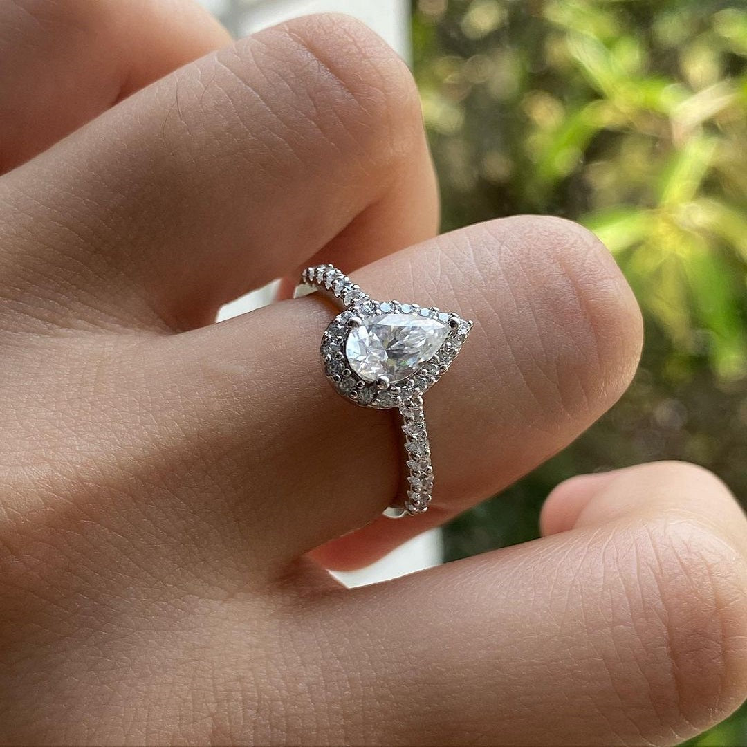 1.50 Ct Pear Moissanite Diamond Ring, Pave And Halo Setting Ring, Vintage Style Ring For Her, Handmade Jewelry
