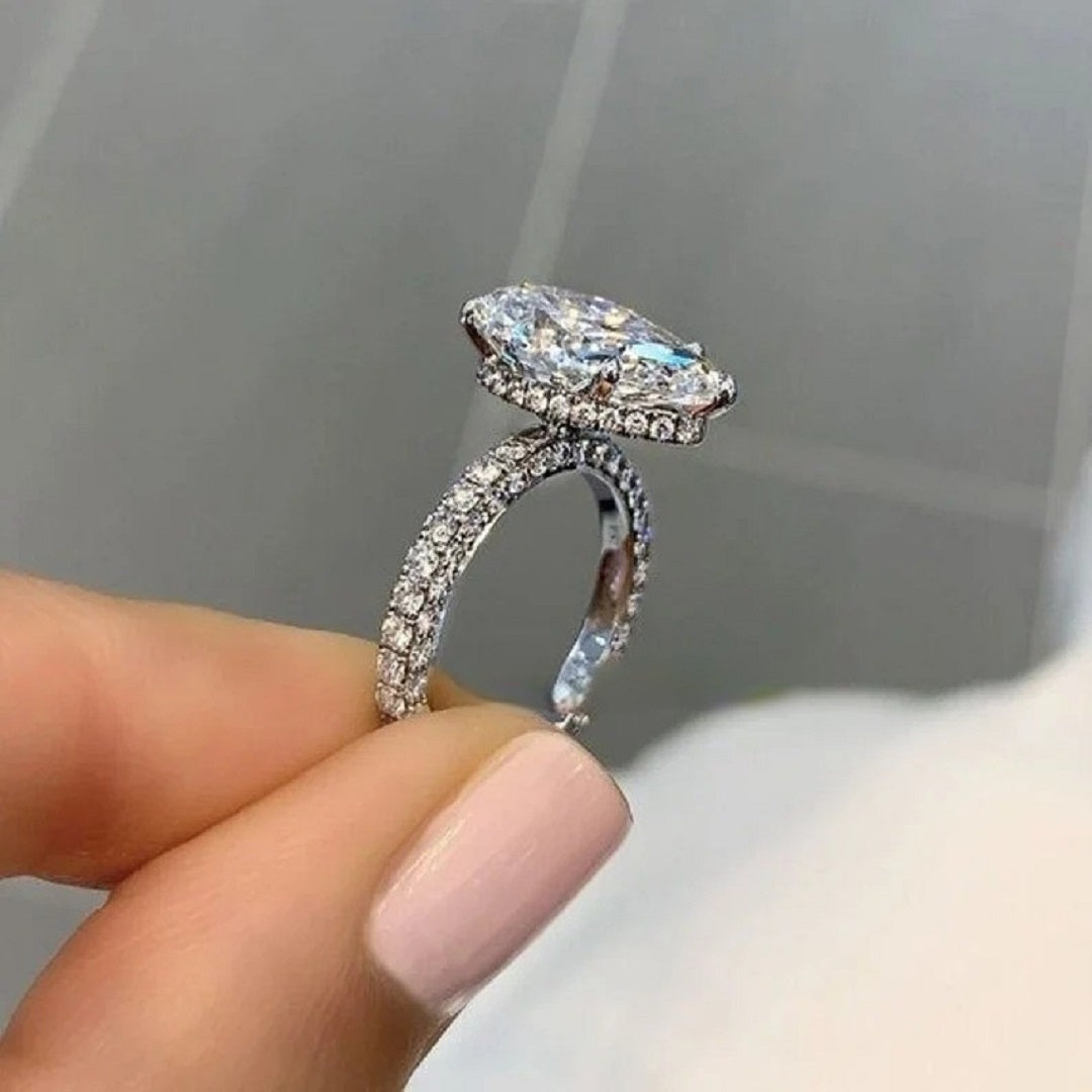 5 Ct Pear Moissanite Diamond Ring, Hidden halo And Pave Setting Ring, Three Said Pave Setting Ring, Most Selling Ring, Gift For Her
