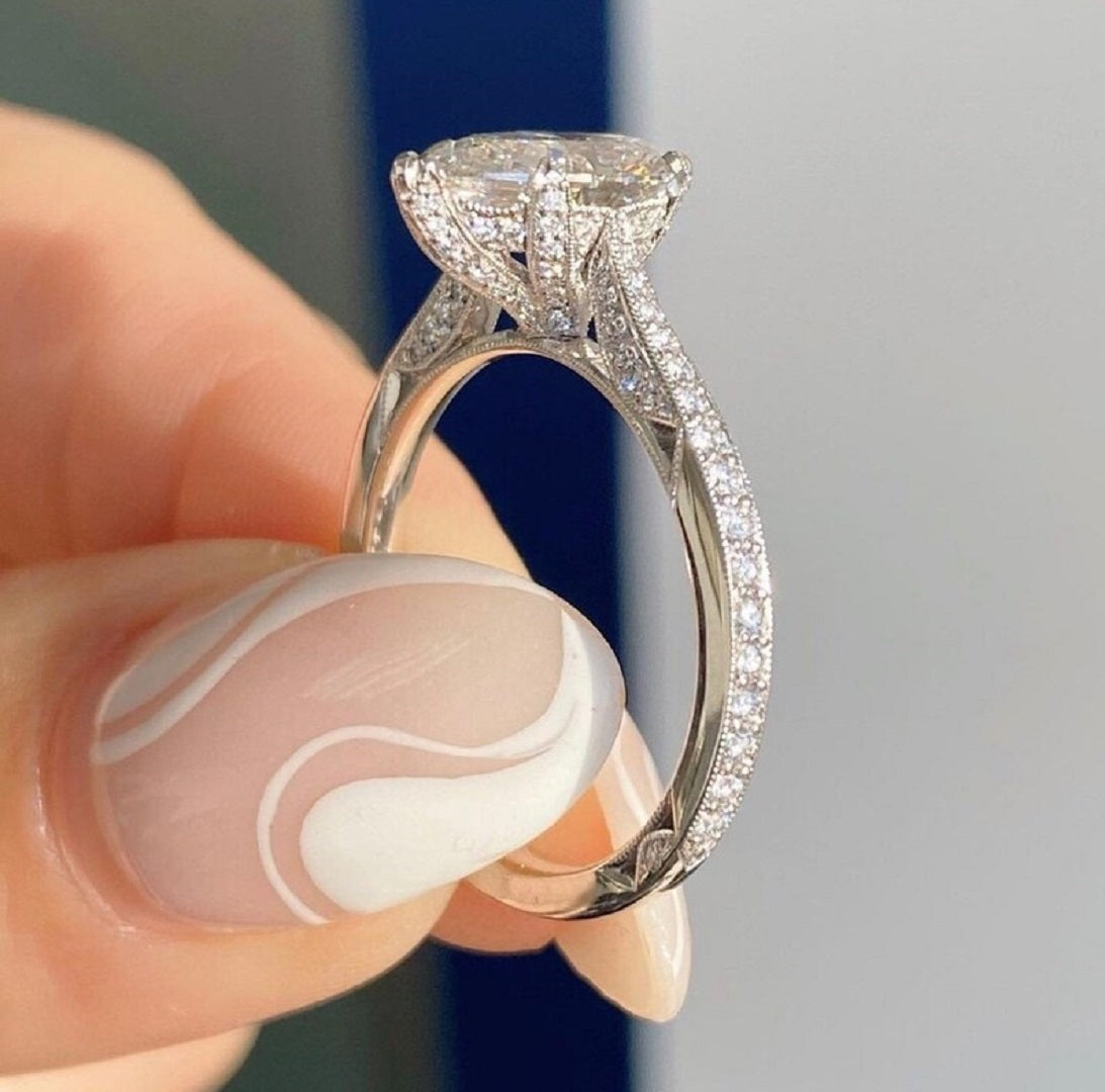 5 Ct Pear Moissanite Diamond Ring, Halo And Pave Setting Pear Diamond Ring, Wedding Ring For Her