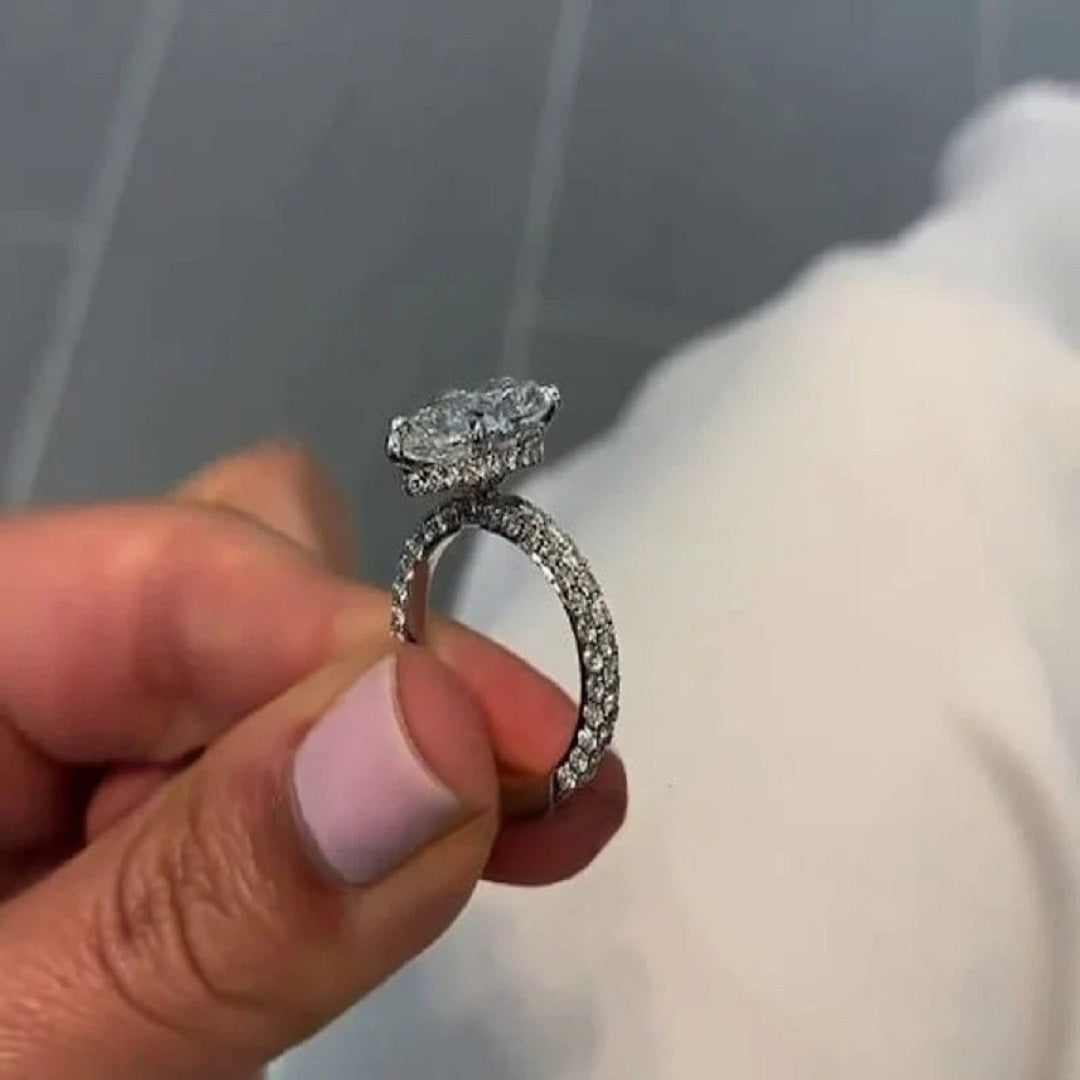 5 Ct Pear Moissanite Diamond Ring, Hidden halo And Pave Setting Ring, Three Said Pave Setting Ring, Most Selling Ring, Gift For Her
