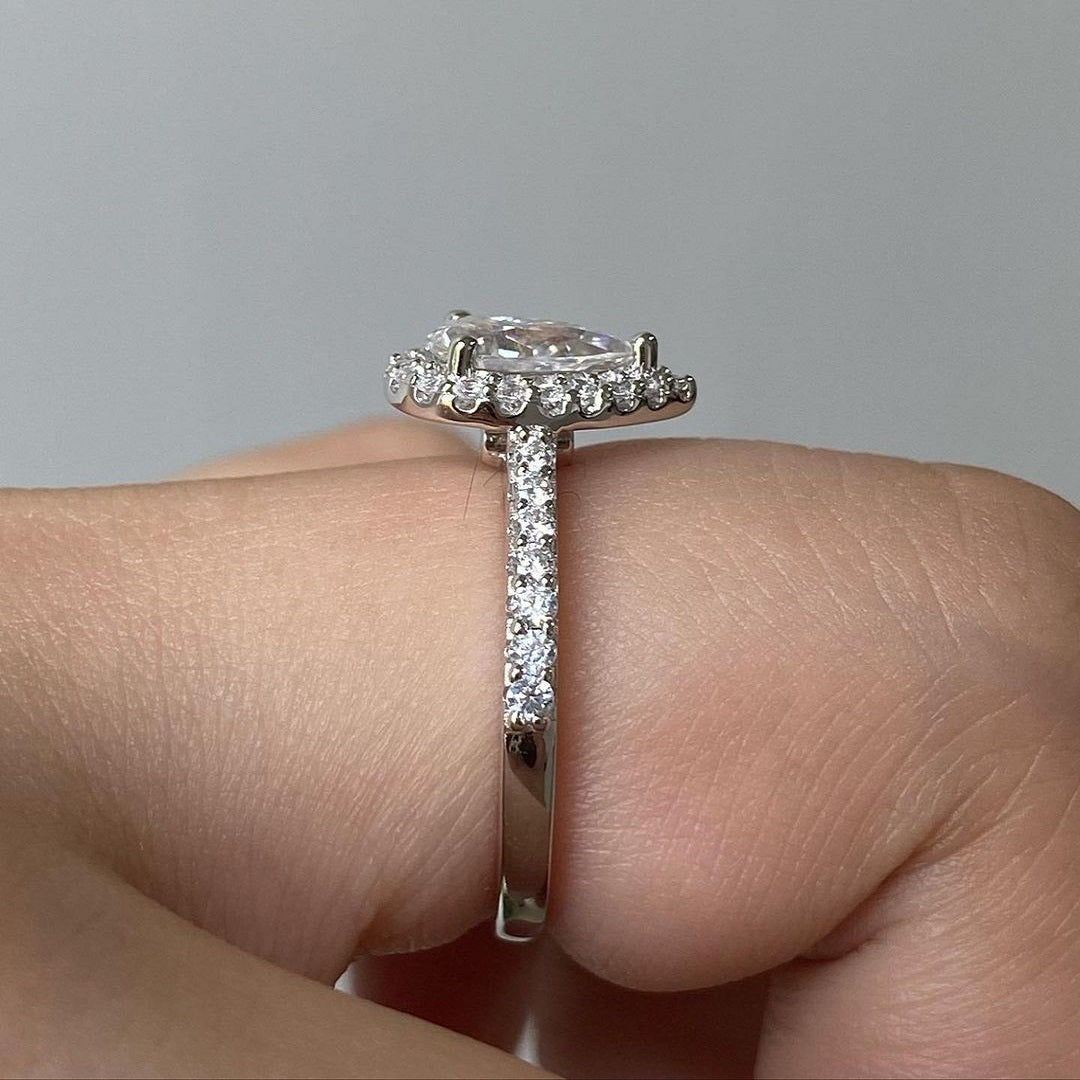 1.50 Ct Pear Moissanite Diamond Ring, Pave And Halo Setting Ring, Vintage Style Ring For Her, Handmade Jewelry