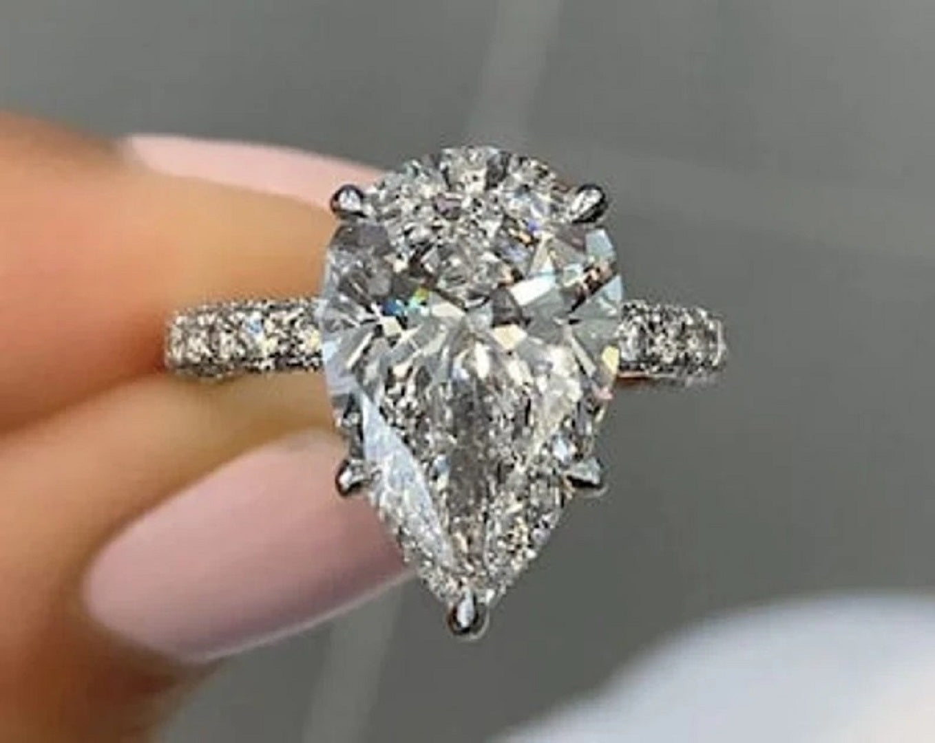 5 Ct Pear Moissanite Diamond Ring, Hidden halo And Pave Setting Ring, Three Said Pave Setting Ring, Most Selling Ring, Gift For Her