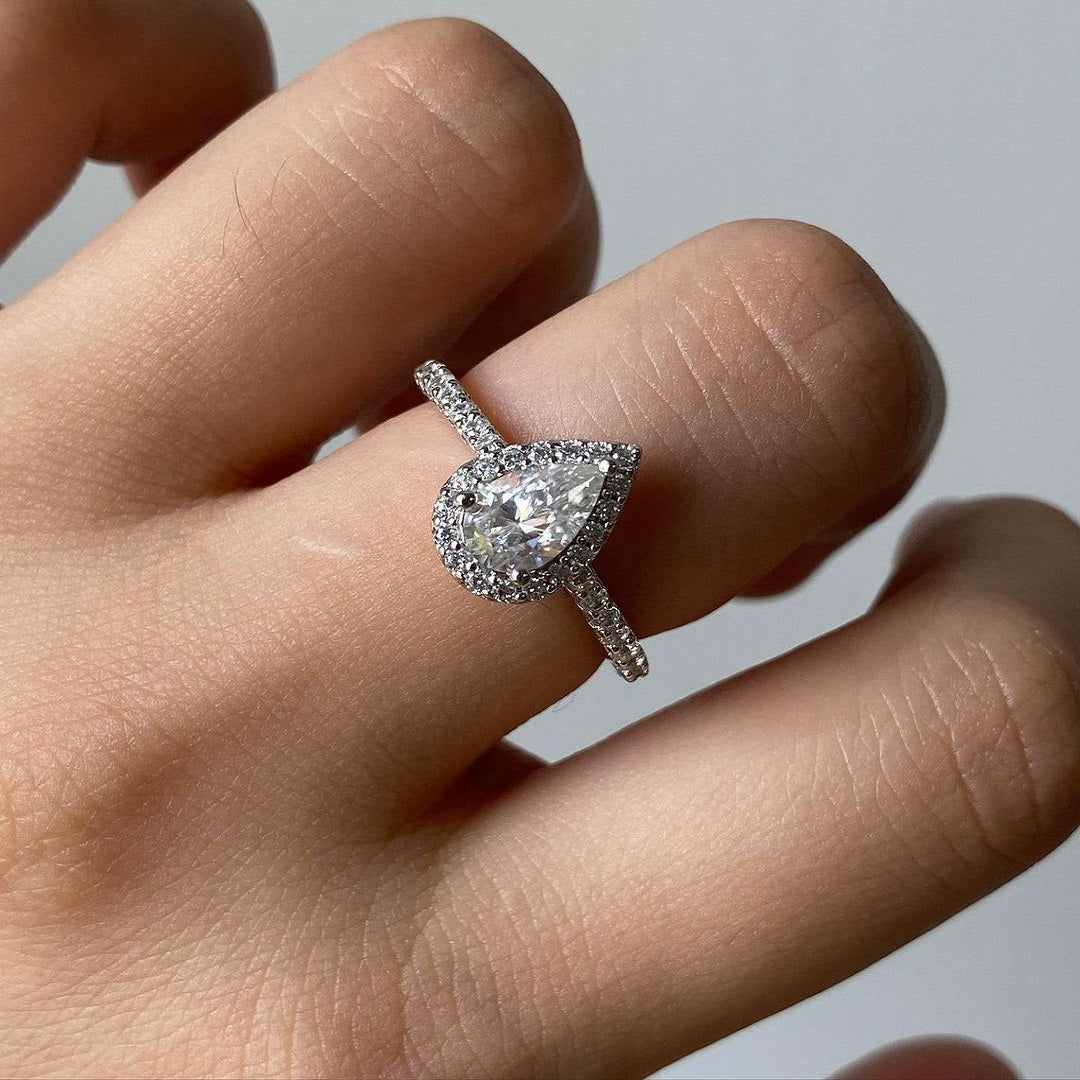 1.50 Ct Pear Moissanite Diamond Ring, Pave And Halo Setting Ring, Vintage Style Ring For Her, Handmade Jewelry