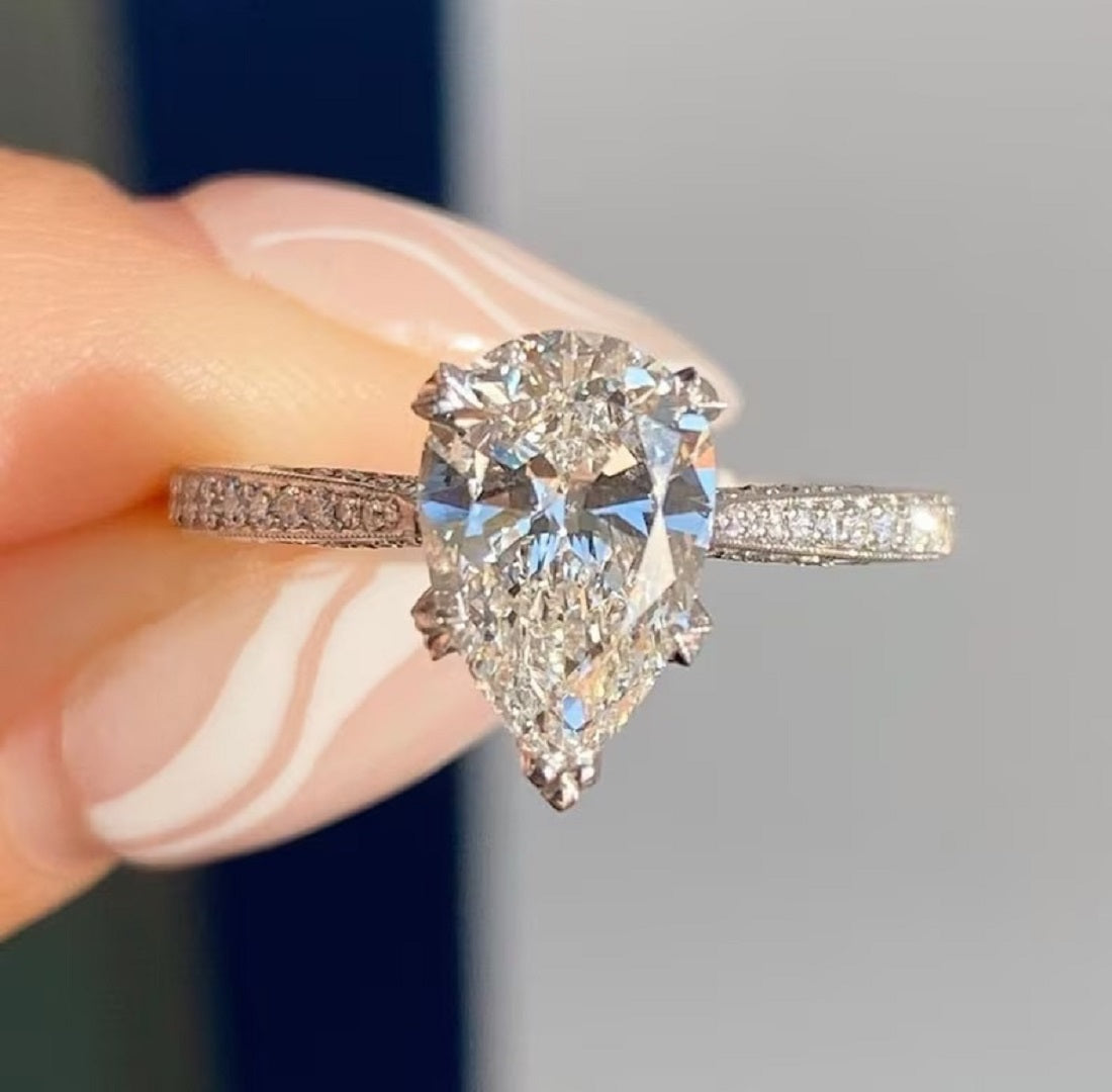 5 Ct Pear Moissanite Diamond Ring, Halo And Pave Setting Pear Diamond Ring, Wedding Ring For Her