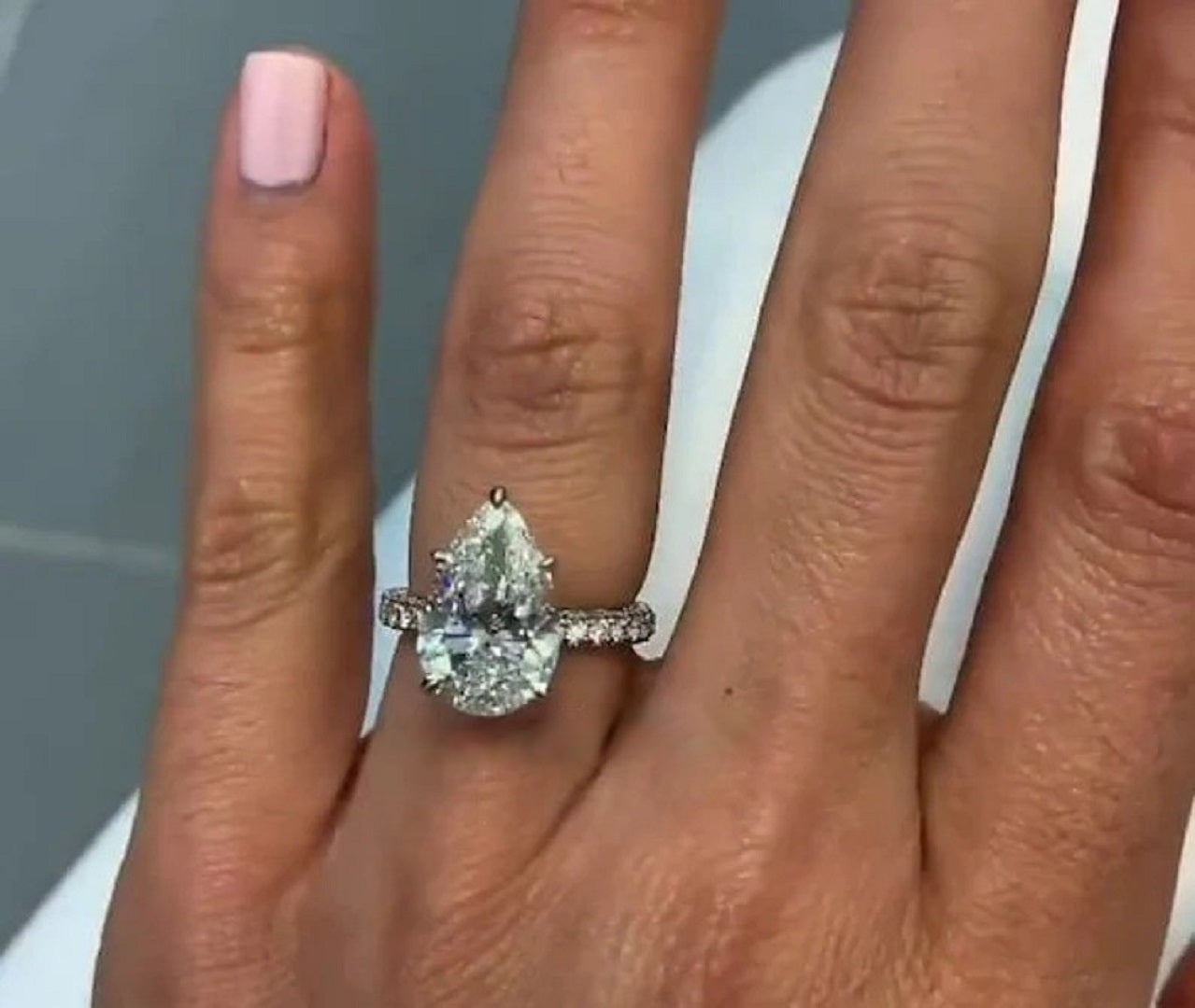 5 Ct Pear Moissanite Diamond Ring, Hidden halo And Pave Setting Ring, Three Said Pave Setting Ring, Most Selling Ring, Gift For Her