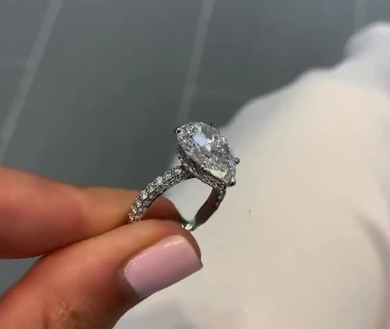 5 Ct Pear Moissanite Diamond Ring, Hidden halo And Pave Setting Ring, Three Said Pave Setting Ring, Most Selling Ring, Gift For Her