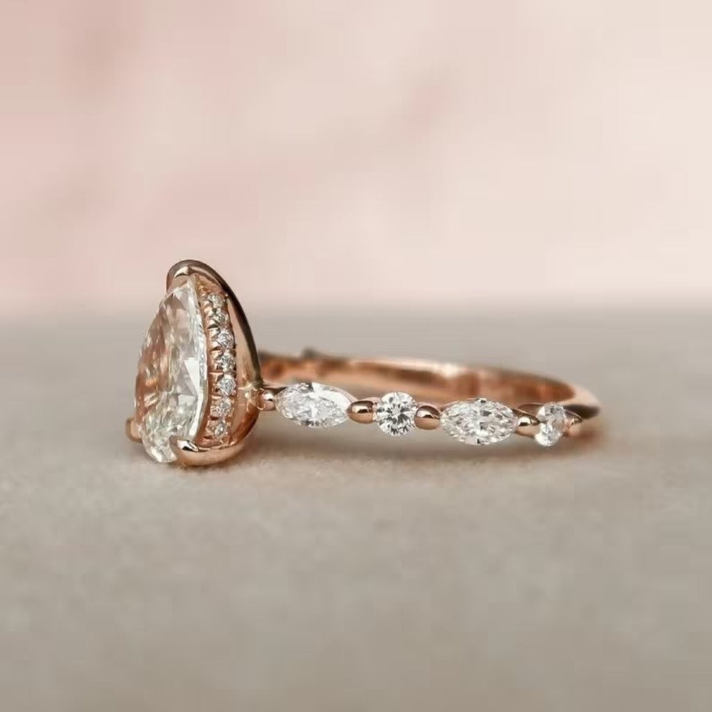 2 Ct Pear Lab Grown Diamond Ring, Hidden Halo And Pave Setting Ring, Cluster Ring, Christmas Gift For Her