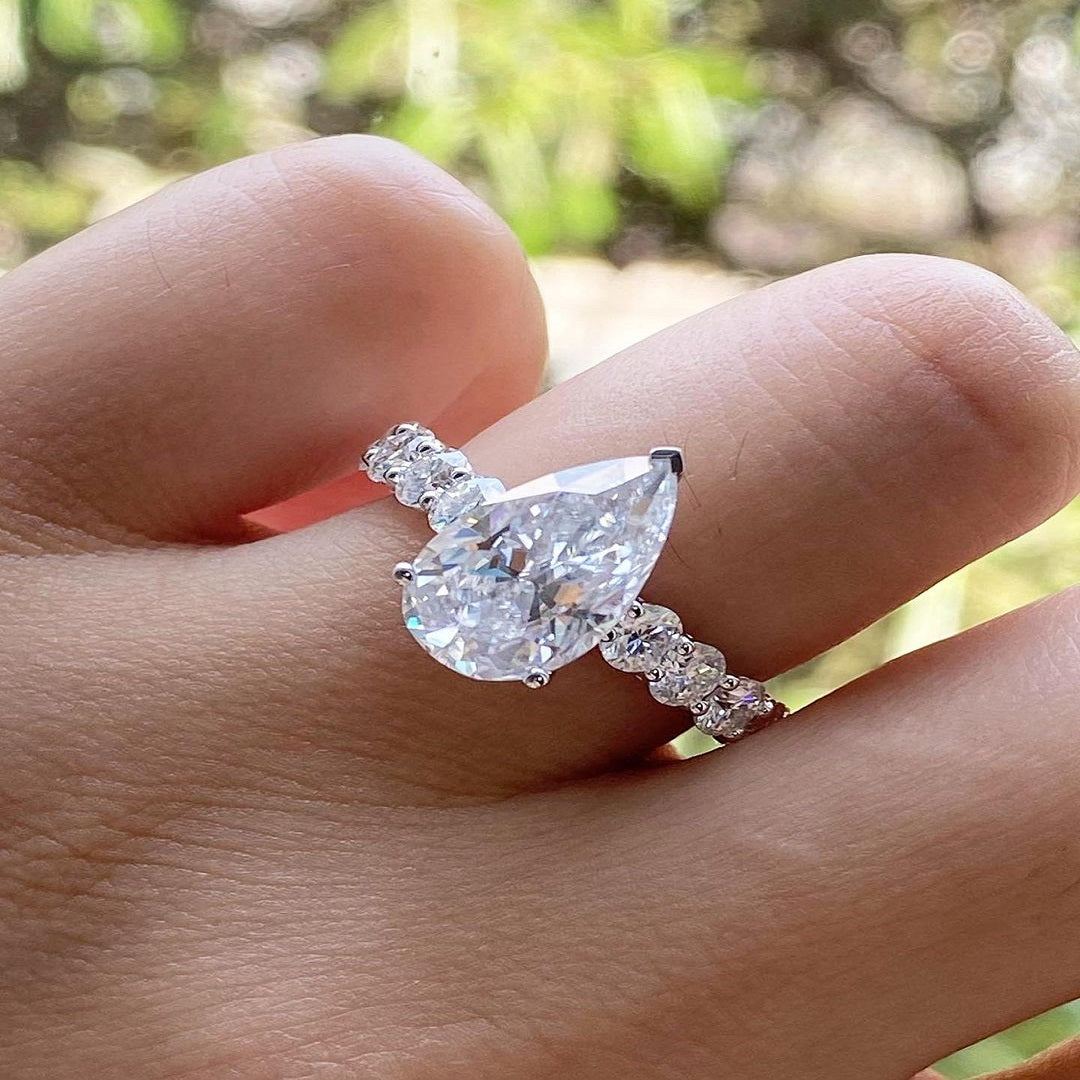 1.50 Ct Pear Moissanite Ring, Pave Setting Full Eternity band, Engagement Ring, Anniversary Gift For Her