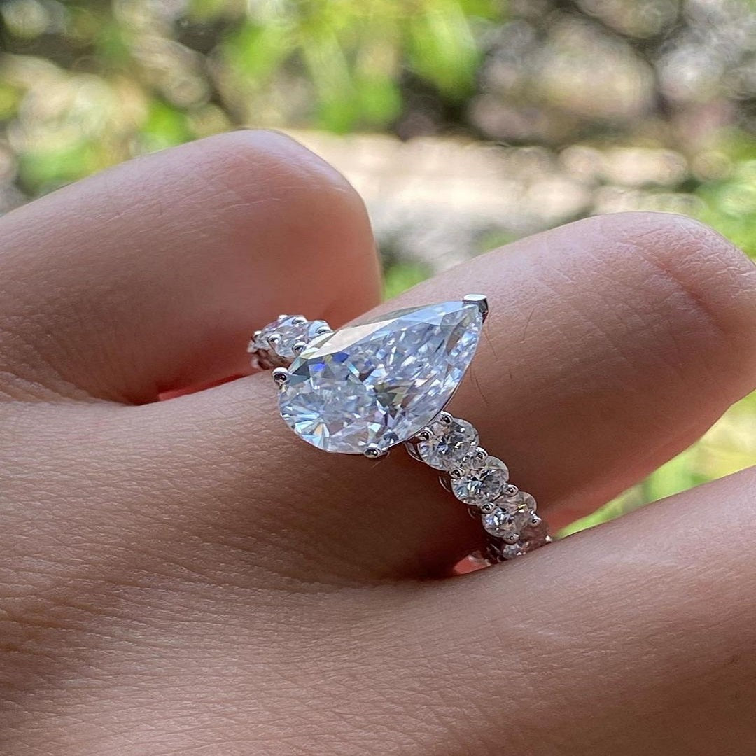 1.50 Ct Pear Moissanite Ring, Pave Setting Full Eternity band, Engagement Ring, Anniversary Gift For Her