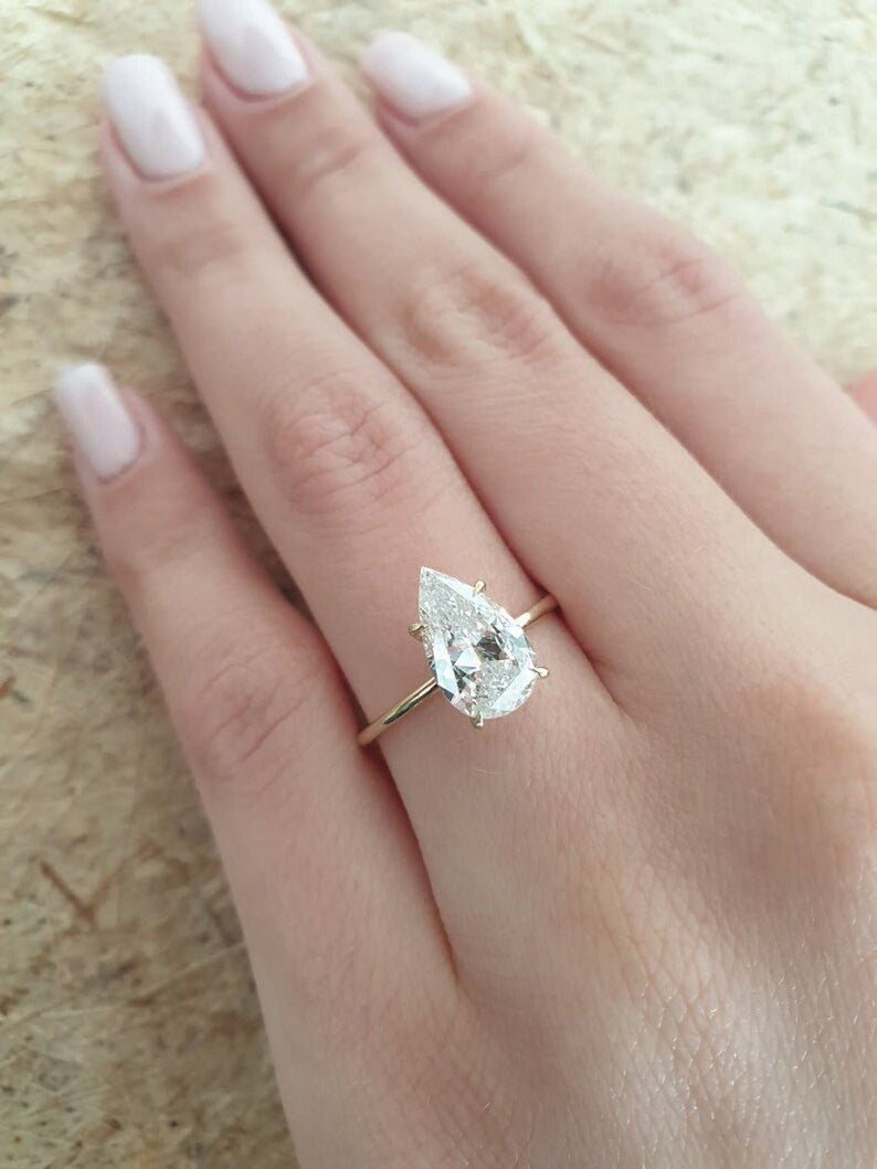 3 Ct Pear Moissanite Diamond Ring, Simple Diamond Ring, Hidden Halo  Ring, Engagement Ring, Gift For Women