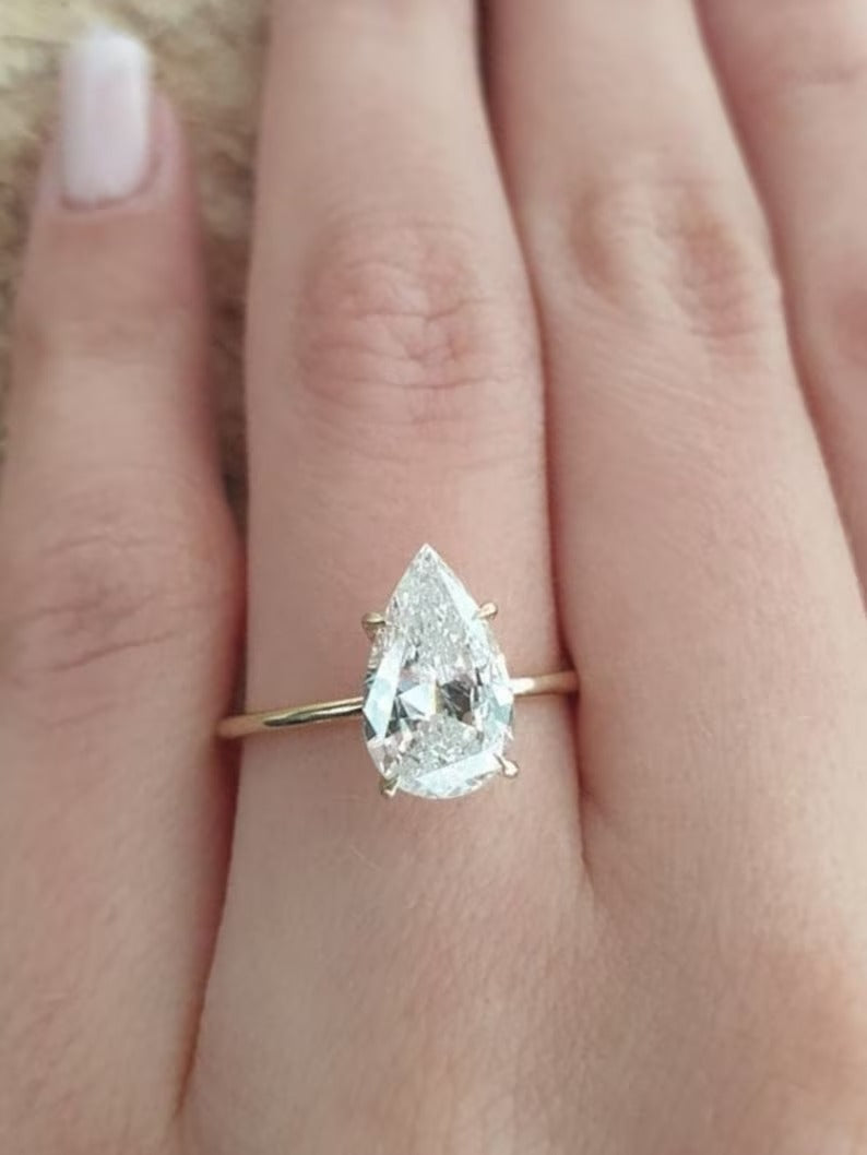 3 Ct Pear Moissanite Diamond Ring, Simple Diamond Ring, Hidden Halo  Ring, Engagement Ring, Gift For Women