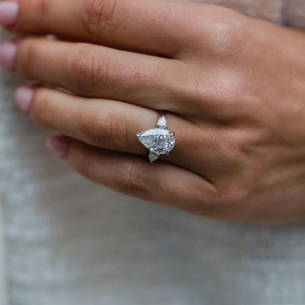 Pear Lab grown Diamond Ring, Three Stone Ring, Hidden Halo Lab Grown Diamond Ring, Christmas Gift For Her