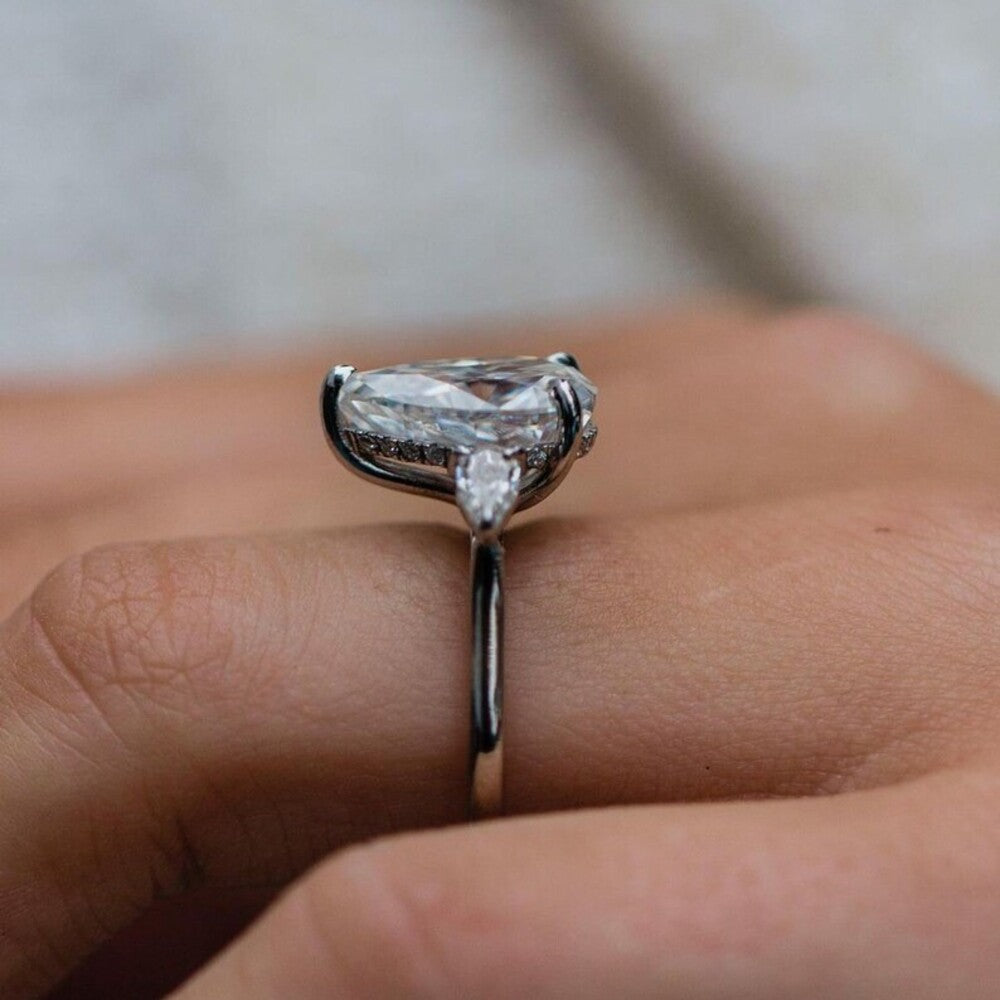 Pear Lab grown Diamond Ring, Three Stone Ring, Hidden Halo Lab Grown Diamond Ring, Christmas Gift For Her