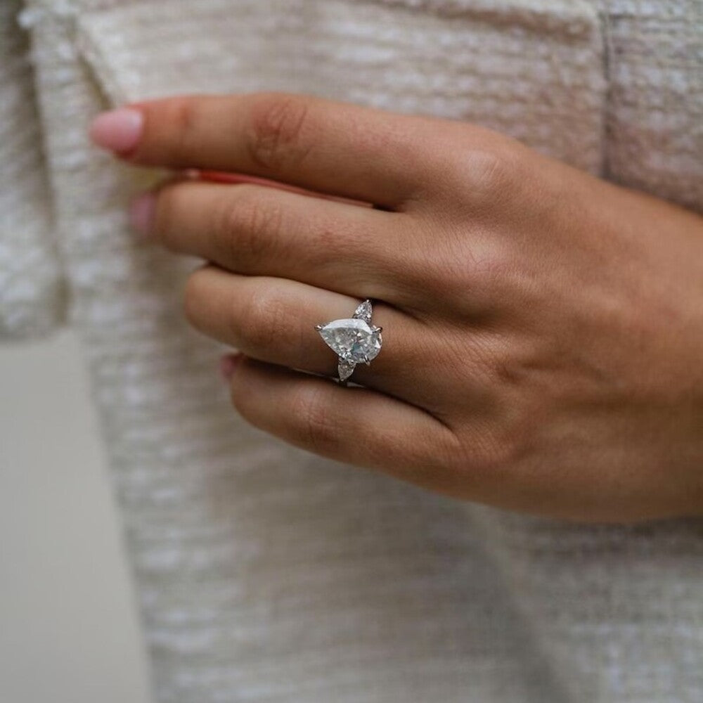 Pear Lab grown Diamond Ring, Three Stone Ring, Hidden Halo Lab Grown Diamond Ring, Christmas Gift For Her