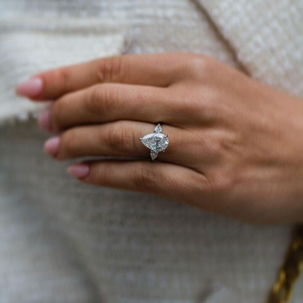 Pear Lab grown Diamond Ring, Three Stone Ring, Hidden Halo Lab Grown Diamond Ring, Christmas Gift For Her