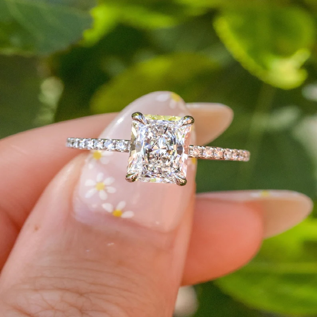 2.50 Ct Radiant Diamond Ring, Hidden Halo And Pave Setting Ring, Engagement Ring, Anniversary Ring, Wedding Gift For Her