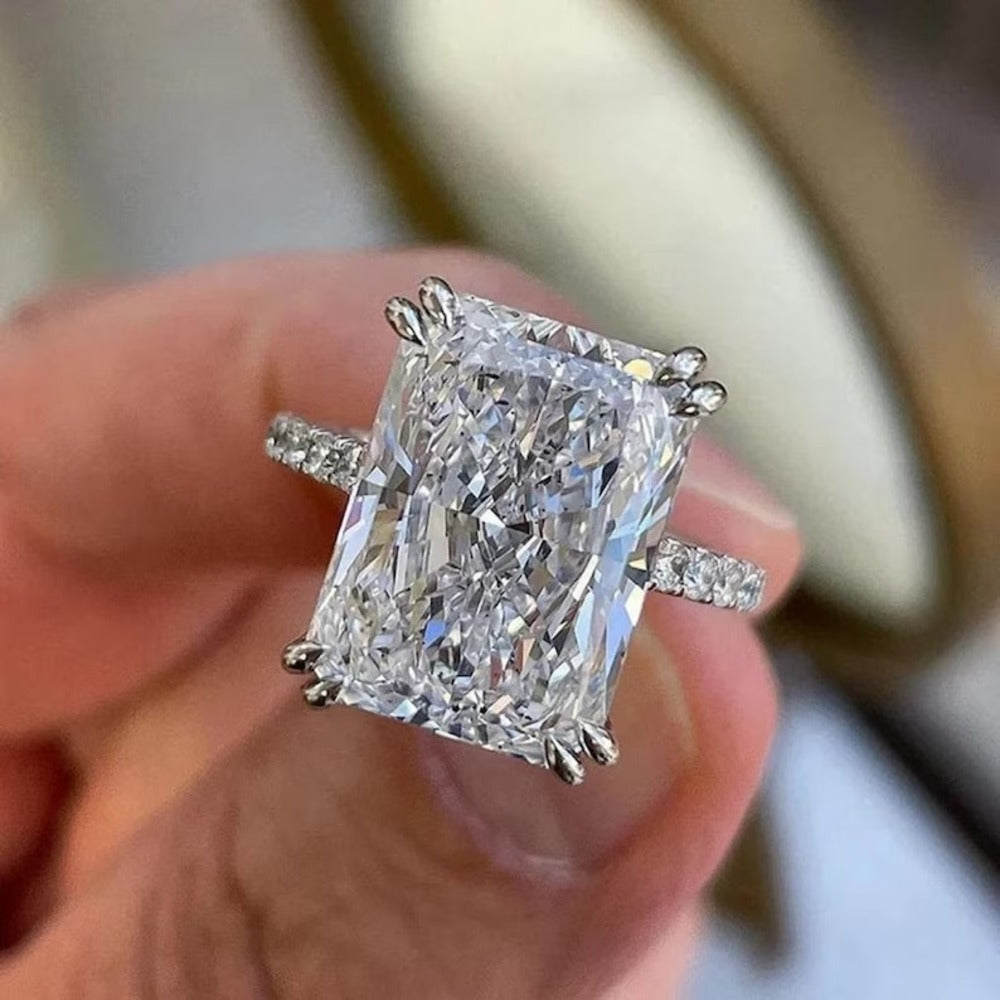 3.50 Ct Radiant Moissanite Diamond Ring, Double Prong Setting Ring, Hidden Halo And Pave Setting Ring, Engagement Ring