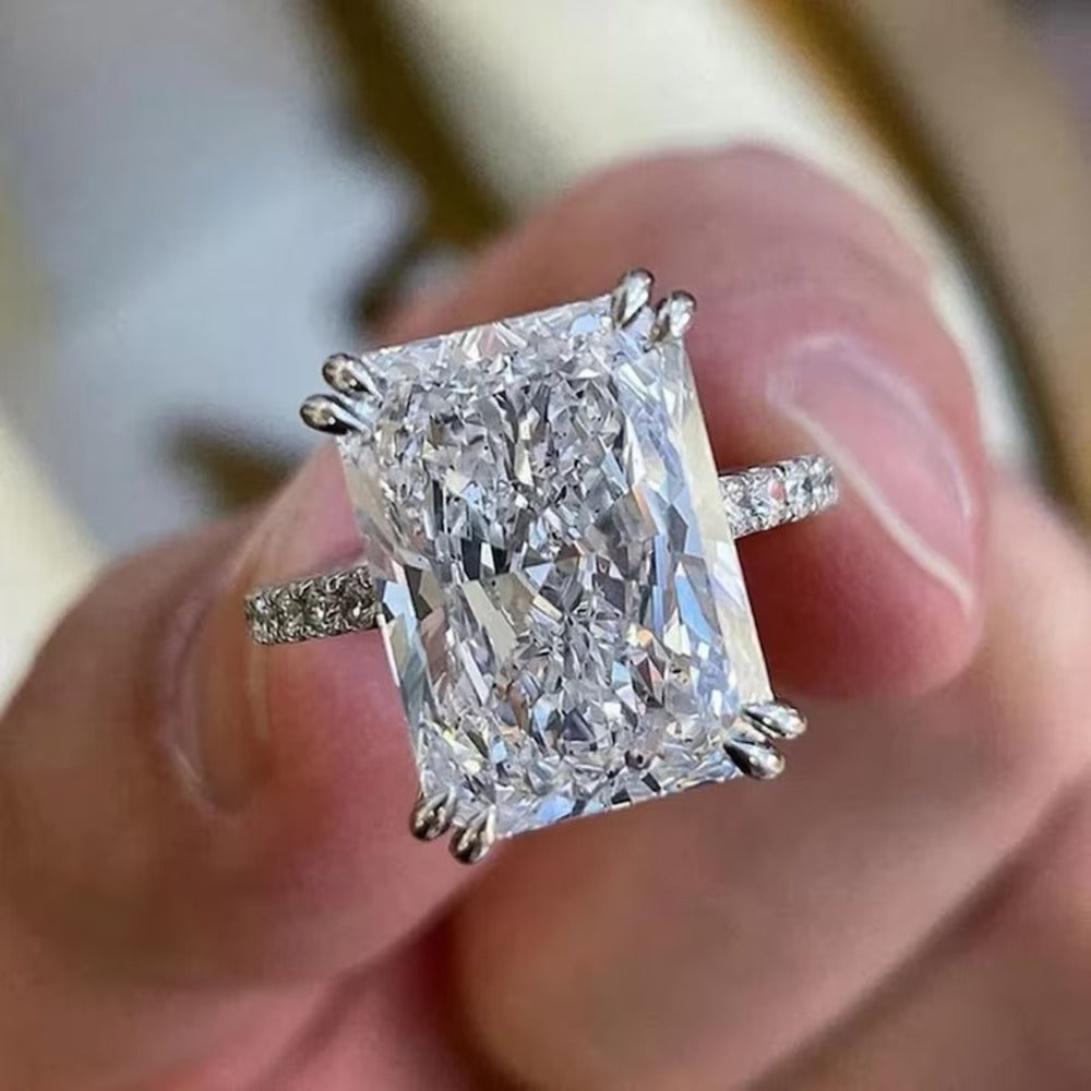 3.50 Ct Radiant Moissanite Diamond Ring, Double Prong Setting Ring, Hidden Halo And Pave Setting Ring, Engagement Ring