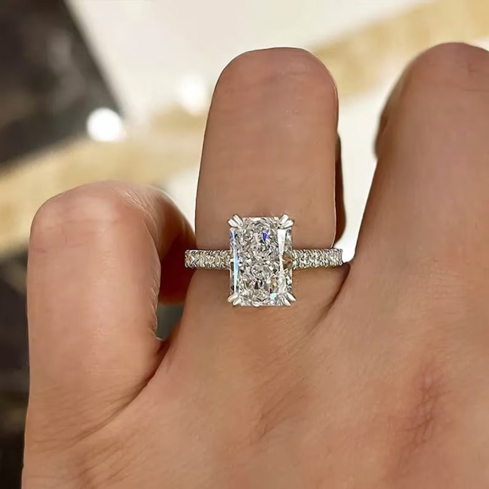 3.50 Ct Radiant Moissanite Diamond Ring, Double Prong Setting Ring, Hidden Halo And Pave Setting Ring, Engagement Ring