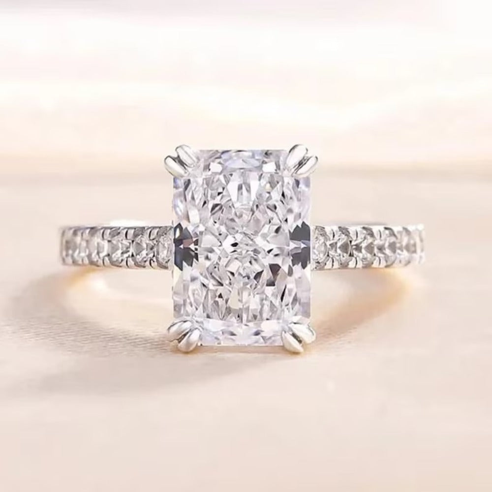 3.50 Ct Radiant Moissanite Diamond Ring, Double Prong Setting Ring, Hidden Halo And Pave Setting Ring, Engagement Ring