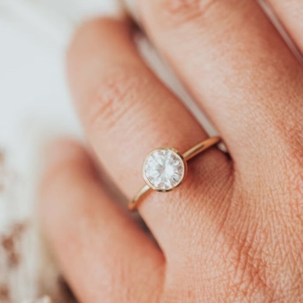 Round Moissanite Diamond Ring, Bezel Set Ring, Simple Diamond Ring, Handmade Jewelry, Gift For Her