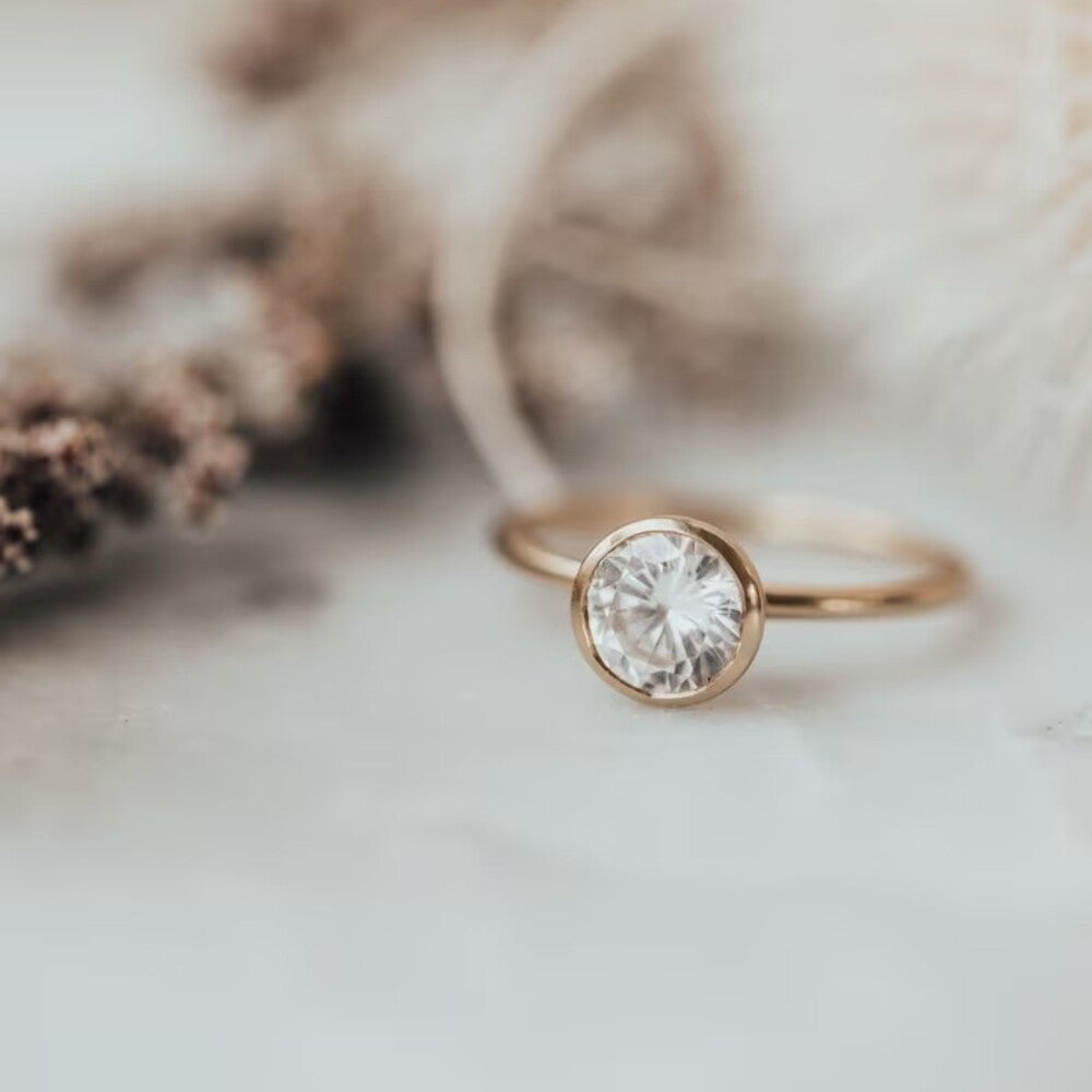 Round Moissanite Diamond Ring, Bezel Set Ring, Simple Diamond Ring, Handmade Jewelry, Gift For Her