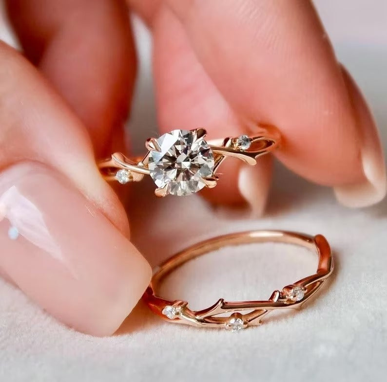 1.50 Ct Round Moissanite Diamond Ring, Round Diamond Bridal Set Ring, Unique Band Ring, Engagement Ring Set Gift For Her