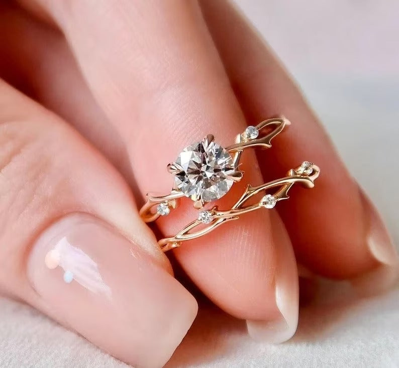 1.50 Ct Round Moissanite Diamond Ring, Round Diamond Bridal Set Ring, Unique Band Ring, Engagement Ring Set Gift For Her
