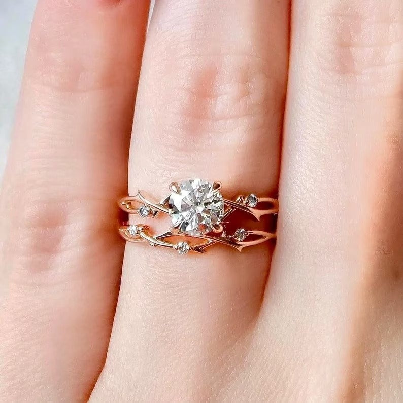 1.50 Ct Round Moissanite Diamond Ring, Round Diamond Bridal Set Ring, Unique Band Ring, Engagement Ring Set Gift For Her