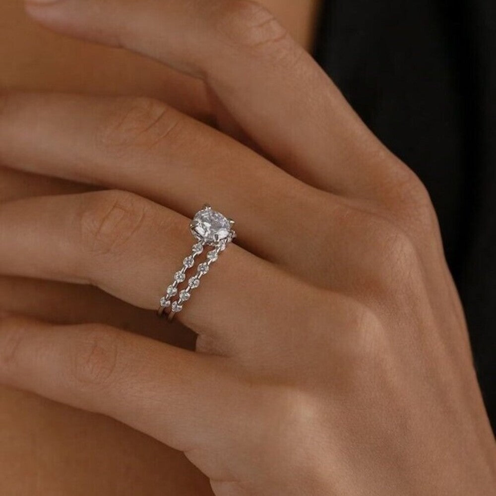 2 Ct Moissanite Diamond Ring, Bridal Set Ring, Distant Pave Setting Ring, Full Eternity Band, Handmade Jewelry, Christmas Gift for Her