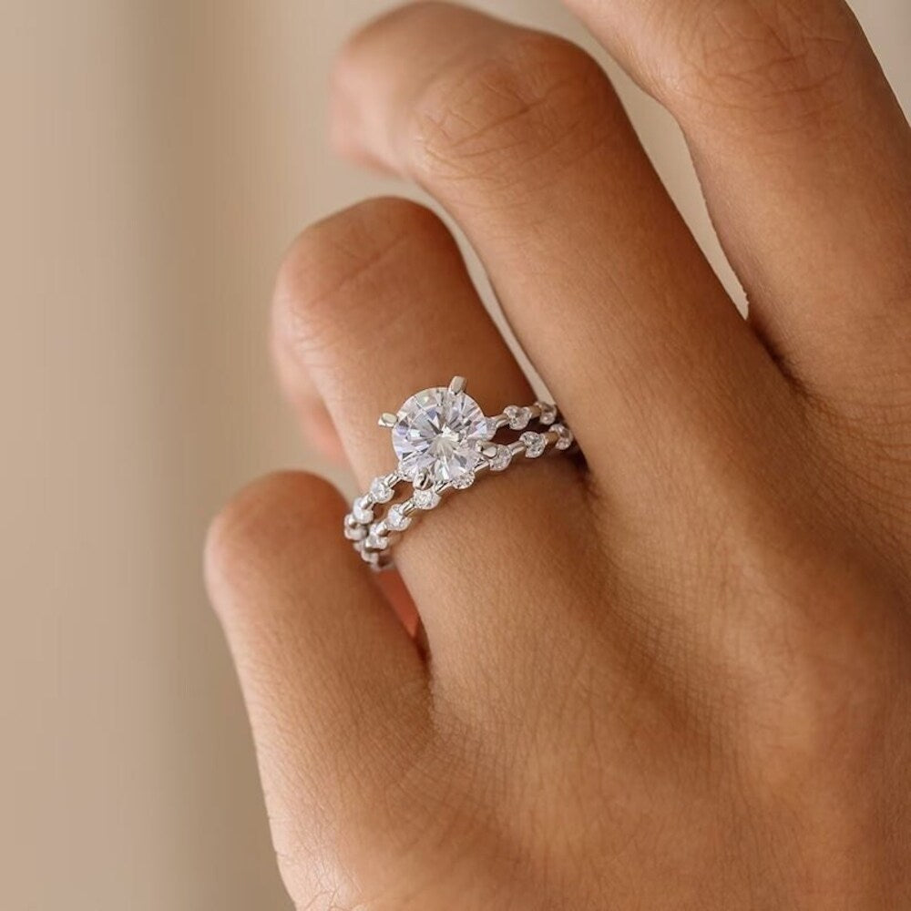 2 Ct Moissanite Diamond Ring, Bridal Set Ring, Distant Pave Setting Ring, Full Eternity Band, Handmade Jewelry, Christmas Gift for Her