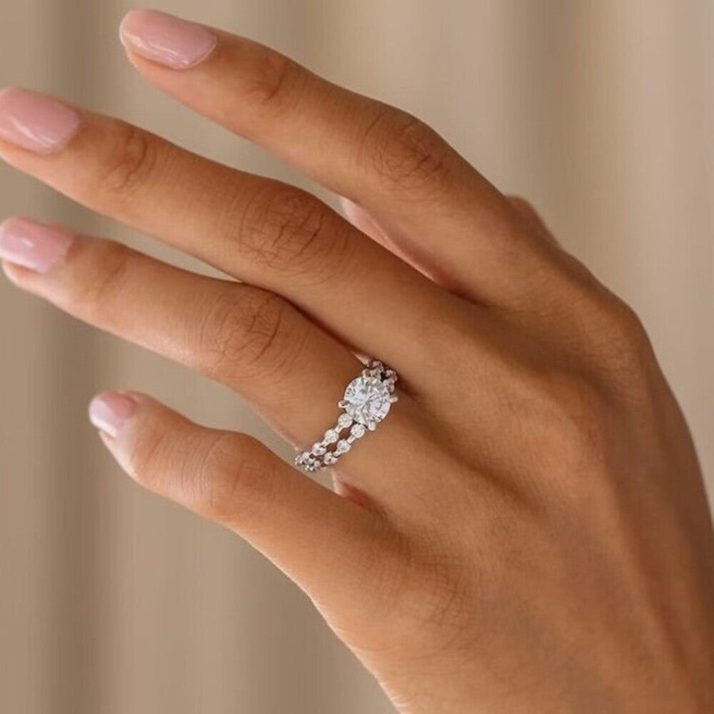 2 Ct Moissanite Diamond Ring, Bridal Set Ring, Distant Pave Setting Ring, Full Eternity Band, Handmade Jewelry, Christmas Gift for Her