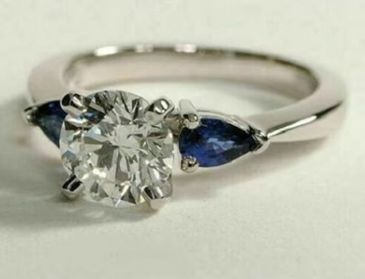 Round Moissanite Diamond And Sapphire Blue Pear Diamond Ring