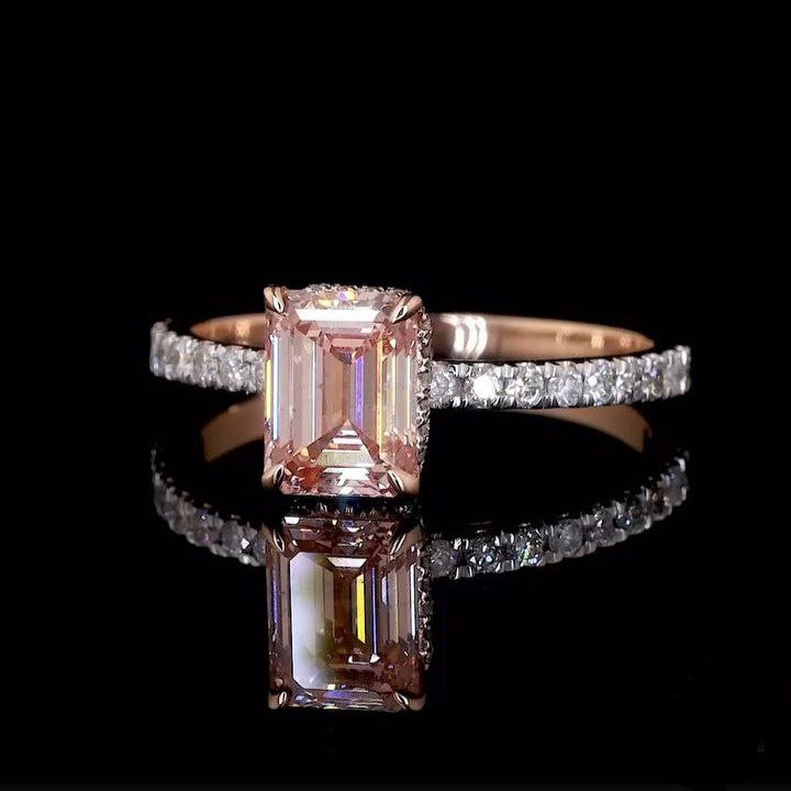 2 Ct Pink Emerald Cut Lab Grown Engagement Ring, Brilliant Cut Vintage Style Ring For Her, Double Halo Stylish Art Deco Beautiful Ring