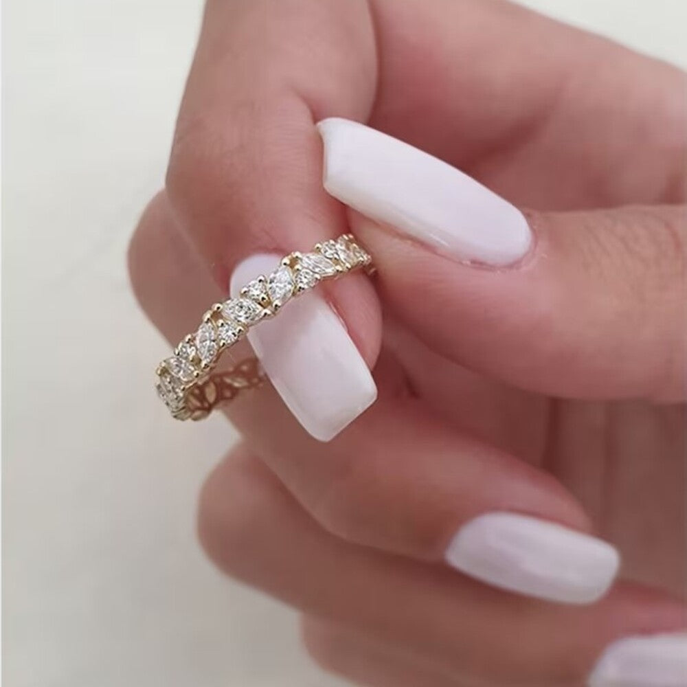 1.50 Ctw Marquise And Round Moissanite Diamond Ring, Multi Stone Full Eternity Band, Matching Stacking Promise Band