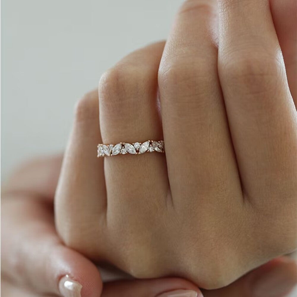 1.50 Ctw Marquise And Round Moissanite Diamond Ring, Multi Stone Full Eternity Band, Matching Stacking Promise Band