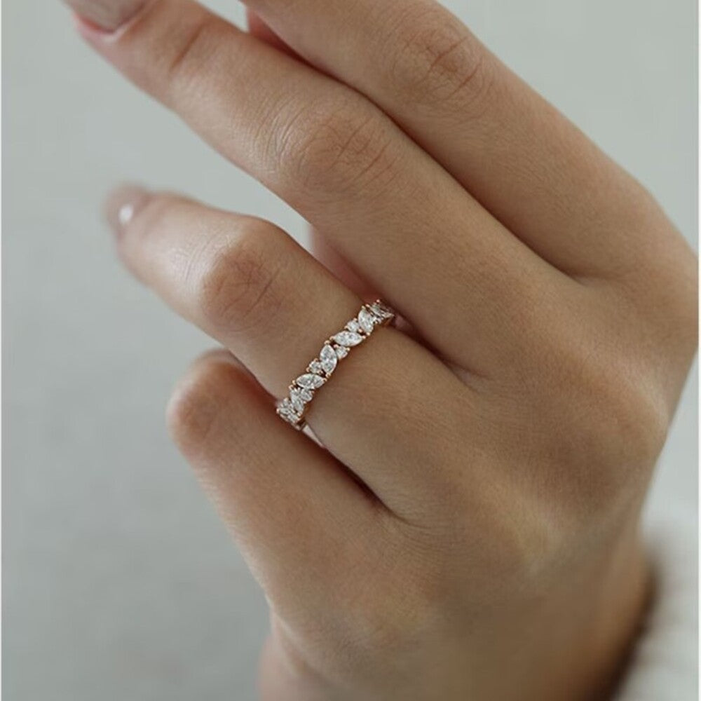 1.50 Ctw Marquise And Round Moissanite Diamond Ring, Multi Stone Full Eternity Band, Matching Stacking Promise Band