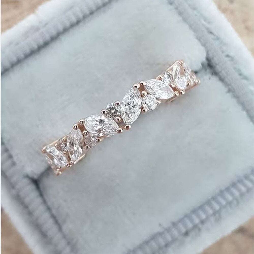 1.50 Ctw Marquise And Round Moissanite Diamond Ring, Multi Stone Full Eternity Band, Matching Stacking Promise Band