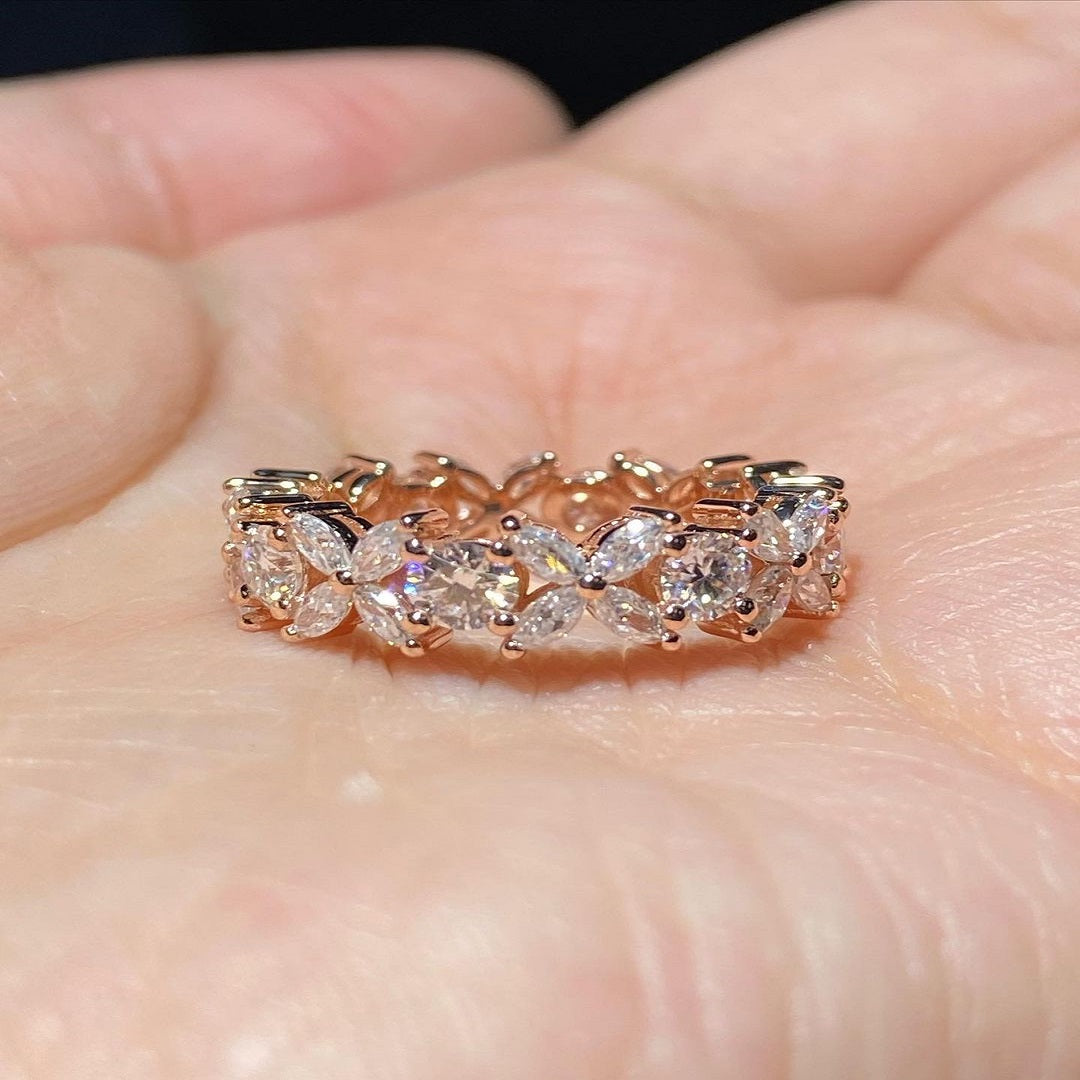 Multi Stone Ring, Marquise And Round Band, Full Eternity Band, Promise Ring For Her, Flower Design Band