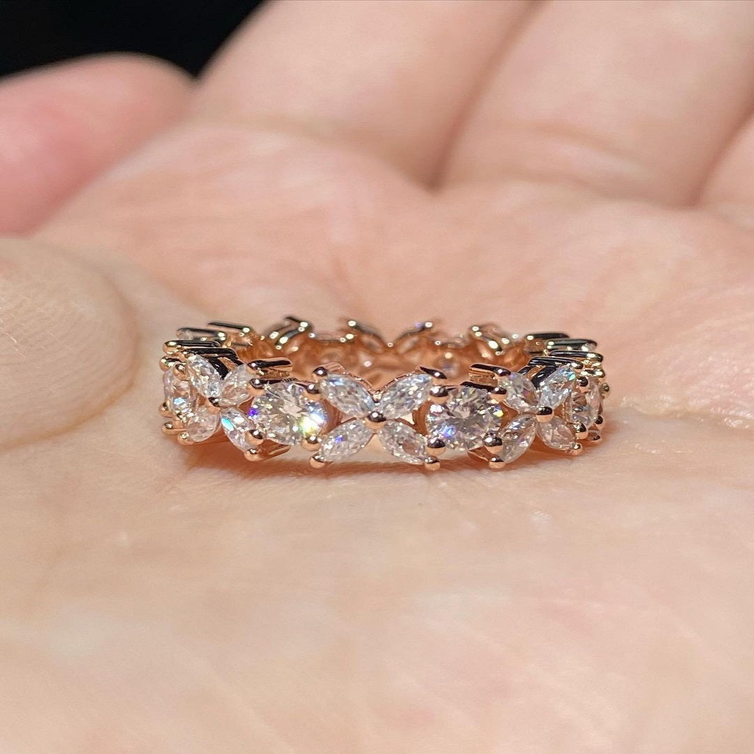 Multi Stone Ring, Marquise And Round Band, Full Eternity Band, Promise Ring For Her, Flower Design Band