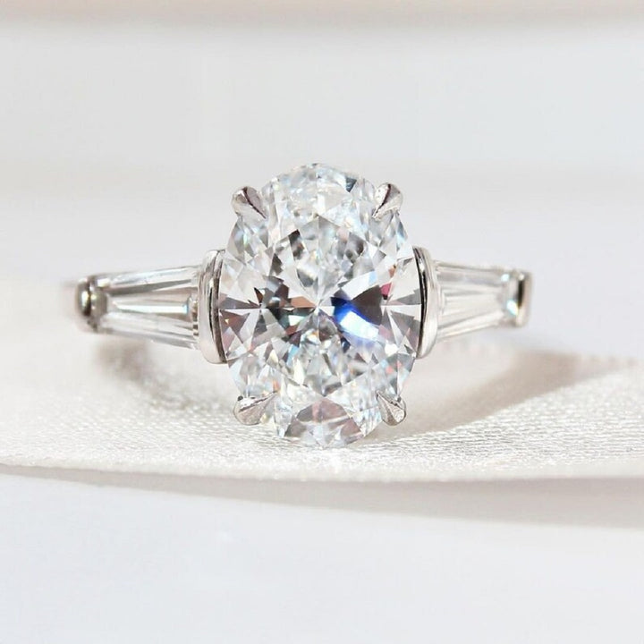 2 Ct Oval Moissanite Diamond Ring, Said Tapper baguette Diamond Ring, Three Stone Ring, Anniversary Gift For Her