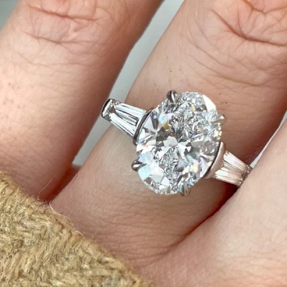 2 Ct Oval Moissanite Diamond Ring, Said Tapper baguette Diamond Ring, Three Stone Ring, Anniversary Gift For Her