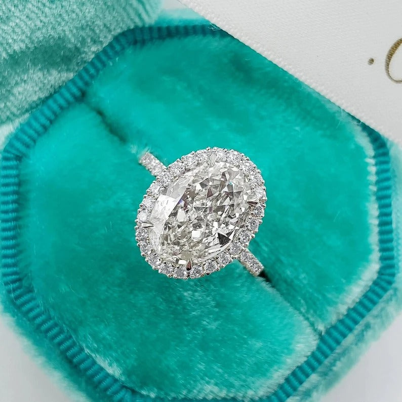 3 Ct Oval Moissanite Diamond ring, Halo and Pave Setting Ring, Anniversary Ring, Handmade Jewelry, Christmas Gift For Her